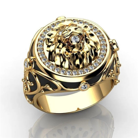 Male Black Stone Lion Punk Rings for Women Men Animal Jewelry Retro Fashion Yellow Gold Color Hip Hop Ring Couple Gift Wholesale