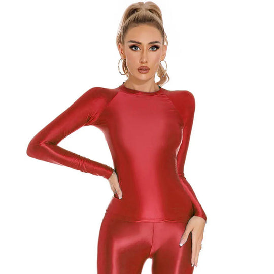 Glossy Shiny Elasitc Long Sleeve Shirt Women Fitness Gym Athletic Yoga Tshirt Tights Hot Sexy Tees Casual Crop Tops Bustier Top
