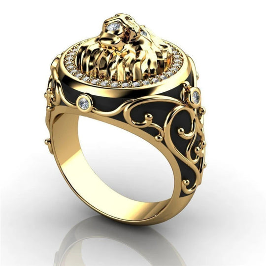 Male Black Stone Lion Punk Rings for Women Men Animal Jewelry Retro Fashion Yellow Gold Color Hip Hop Ring Couple Gift Wholesale
