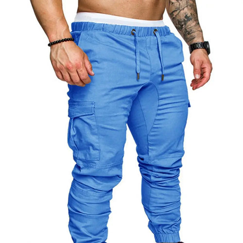 Men Skinny Cargo Pants Solid Color Pockets Drawstring Ankle Tied