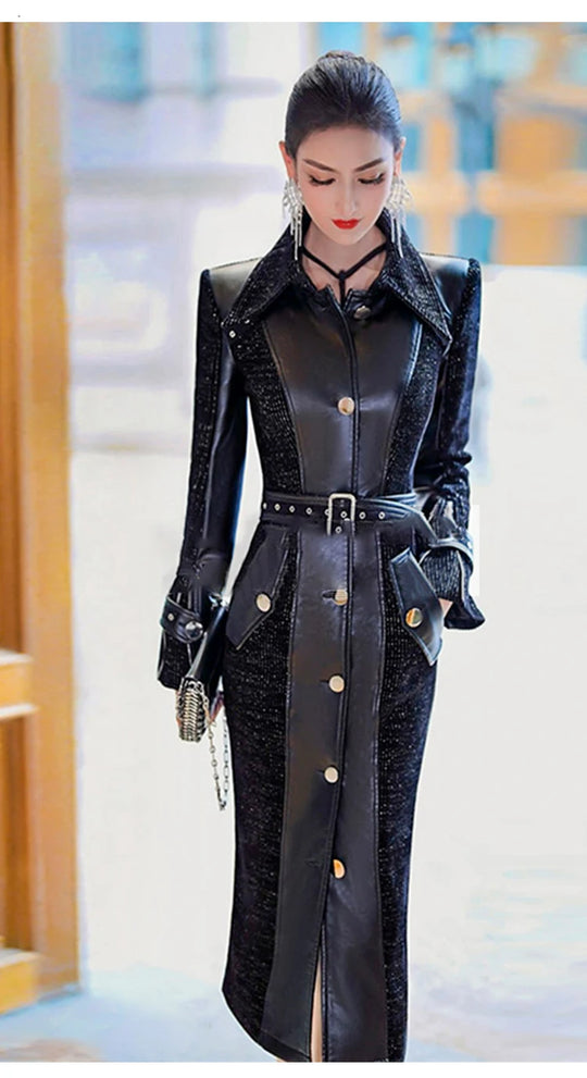 Spring Autumn Long Luxury Elegant Fitted Patchwork Pu Leather Trench Coat for Women Single Breasted Runway Fashion