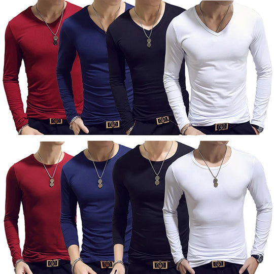 White Solid Color Basic Slim Men T-shirt Spring Autumn Bottoming Shirt