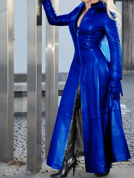Women's PU Leather Dr Slim Fit Zipper Long Coat Collar Dr Autumn Winter Large Size Street Sle High Waist Long Skirt