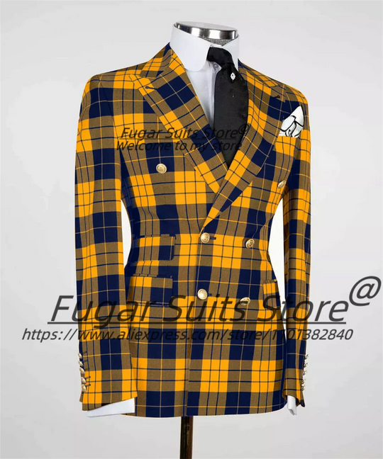 British Plaid Men Suits Slim Fit Double Breasted Groom Wedding Tuxedos 2 Pieces Sets Elegant Male Blazers Ropa Hombre