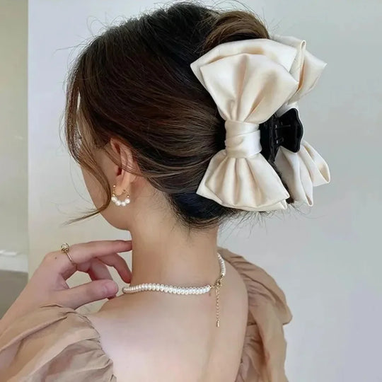 Elegant Women Bow Hair Claw Clips Double-sided Large Satin Shark Hair