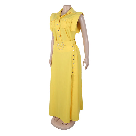 Women's Casual Solid Color Sleeveless Button Front Shirt Blouse and High Waist Big Swing Skirt 2pcs Set
