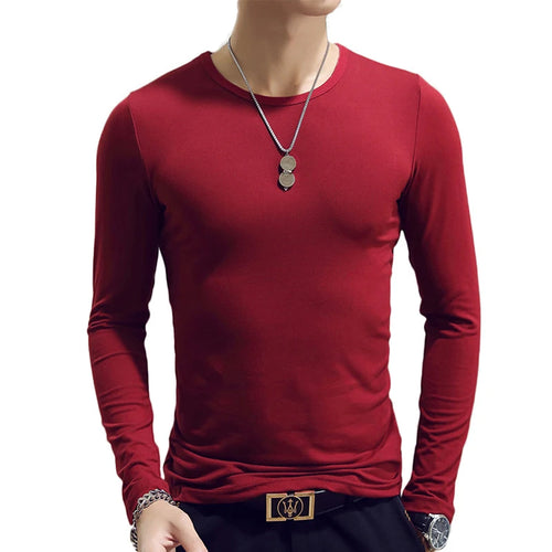 White Solid Color Basic Slim Men T-shirt Spring Autumn Bottoming Shirt