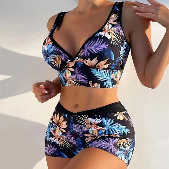 Women High Waisted Print Bikini Wide Shoulder Straps Border High Waist