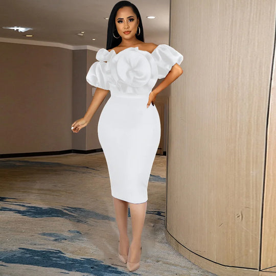 Women Sexy Bodycon Dresses Party Off Shoulder Ruffles Flower Event Celebrate Elegant Female Package Hips Vestidos African Gowns