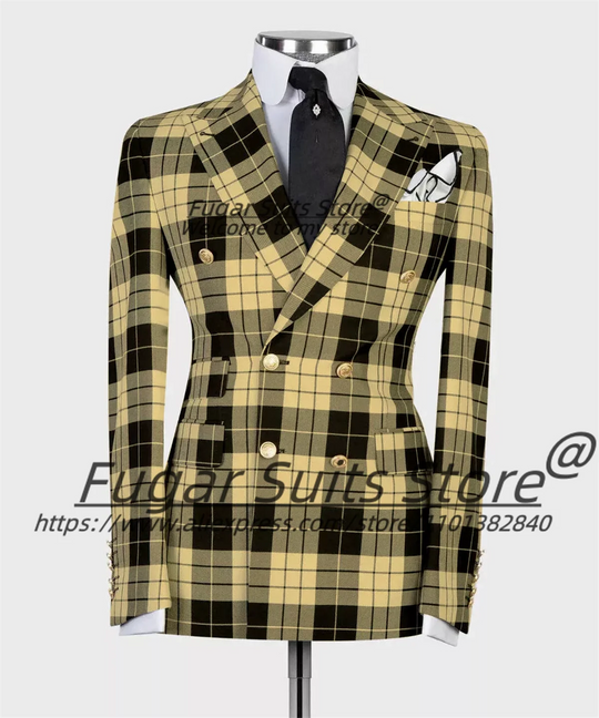 British Plaid Men Suits Slim Fit Double Breasted Groom Wedding Tuxedos 2 Pieces Sets Elegant Male Blazers Ropa Hombre