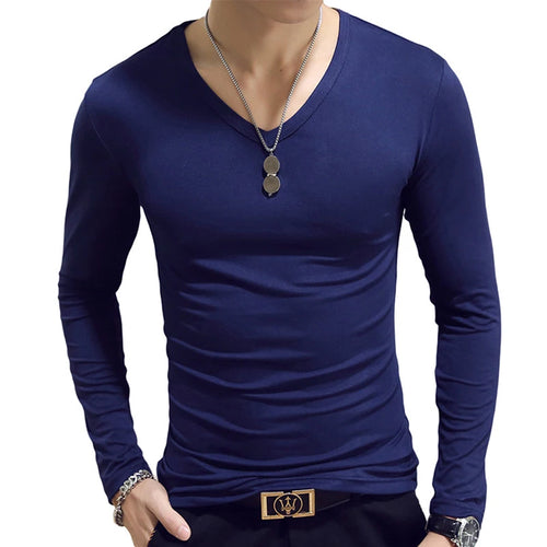 White Solid Color Basic Slim Men T-shirt Spring Autumn Bottoming Shirt