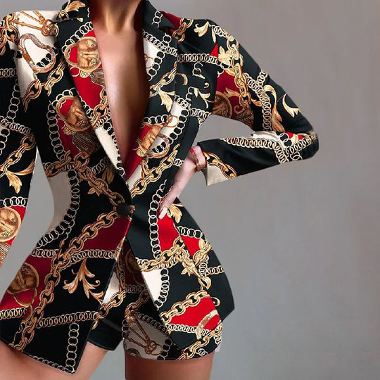 Fashion Turn-down Collar Printed Top Pants Set Women Elegant Full Sleeve Top Short Pants Suit Lady Summer Chic Casual Sets