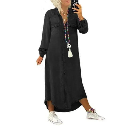 Women Fashion Long Dress Long Sleeve Shirt Dress Women's Denim Long Dress Pocket Button Shirt Casual Loose Dress