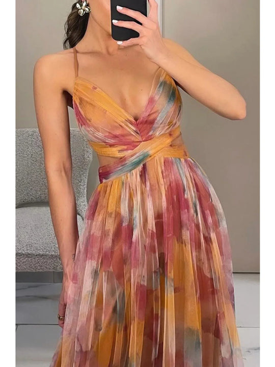 Spring/Summer New Mesh Printed Sling Dress Vacation Casual Gathering Dress