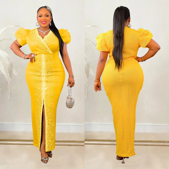 Summer Fashion Bubble Sleeve Diamond Evening Dress African Fashion Women High Street V-neck Slim Split Wedding Party Dress Women