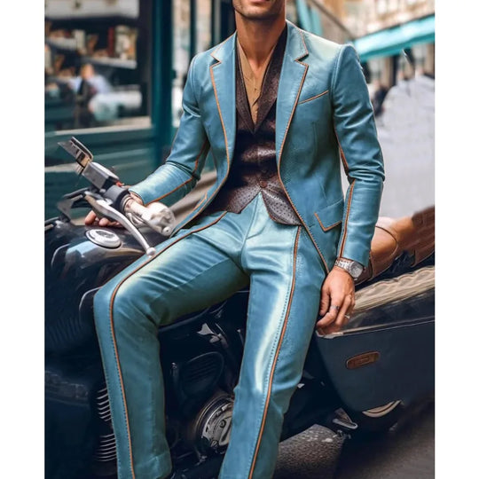 Casual Men's Blazer and Pants 2 Piece Set Lapel Long Sleeve PU Leather Jacket Men Business Casual Prom Suit Motorcycle Style