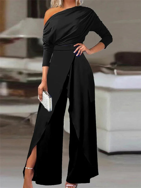 Jumpsuits for Women Plain Elegant Office Lady Loose Ruched One Shoulder Split Hem Wide Leg Jumpsuit