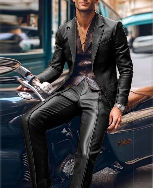 Casual Men's Blazer and Pants 2 Piece Set Lapel Long Sleeve PU Leather Jacket Men Business Casual Prom Suit Motorcycle Style
