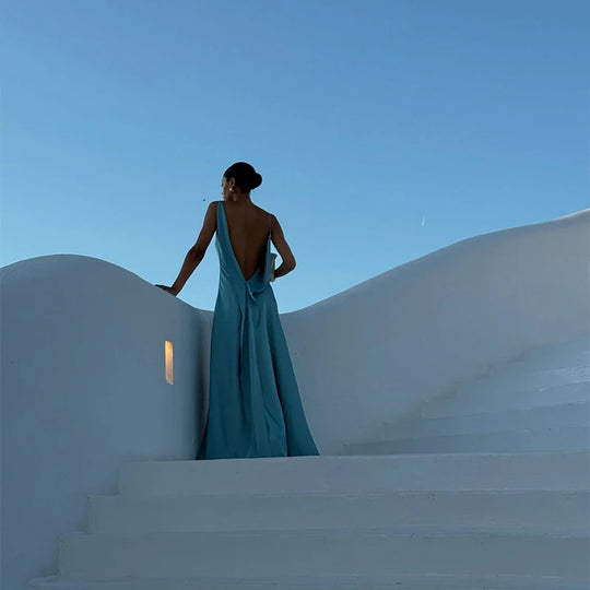 Elegant Split Women' s Dresses Solid Square Collar Backless Sleeveless Long Dress Female 2025 Summer Party Evening Robes