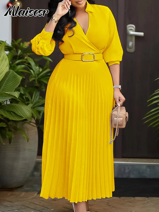 Purple Fashion Belt V-Neck Long Sleeve A-Line Pleated Dress Women Elegant Slim Evening Party Club Vestidos African Robe