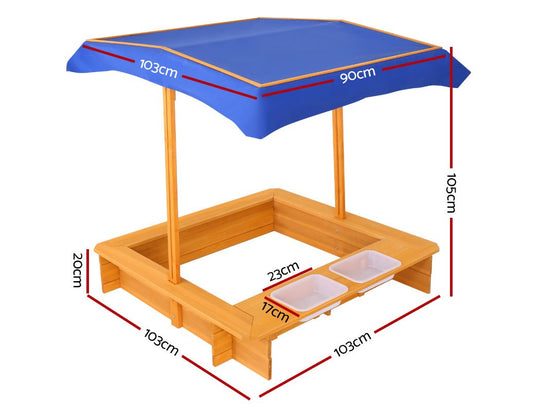 Keezi Kids Sandpit Wooden Sandbox Sand Pit with Canopy Water Basin