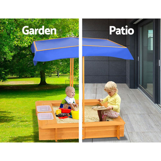 Keezi Kids Sandpit Wooden Sandbox Sand Pit with Canopy Water Basin