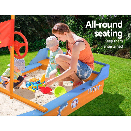 Keezi Kids Sandpit Wooden Boat Sand Pit with Canopy Bench Seat Beach
