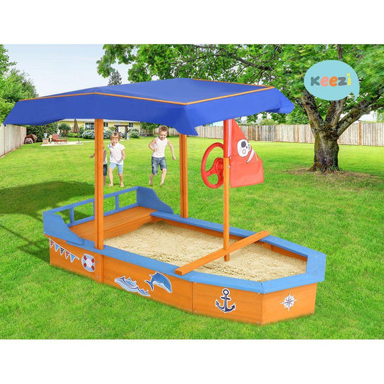 Keezi Kids Sandpit Wooden Boat Sand Pit with Canopy Bench Seat Beach