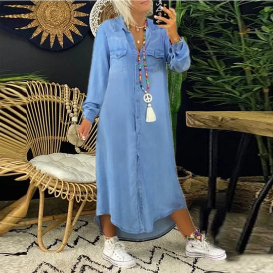 Women Fashion Long Dress Long Sleeve Shirt Dress Women's Denim Long Dress Pocket Button Shirt Casual Loose Dress