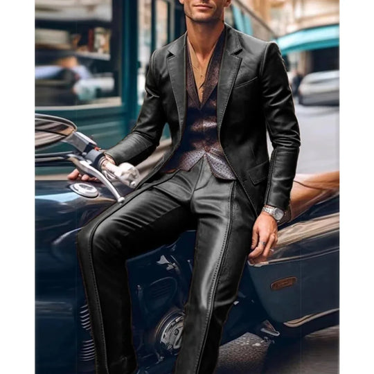 Casual Men's Blazer and Pants 2 Piece Set Lapel Long Sleeve PU Leather Jacket Men Business Casual Prom Suit Motorcycle Style