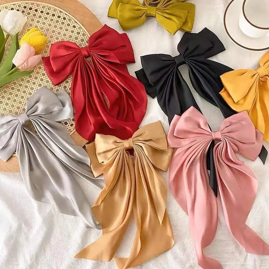 Women Bow Ribbon Hair Clip Fashion Simple Solid Satin Spring Clip Hair