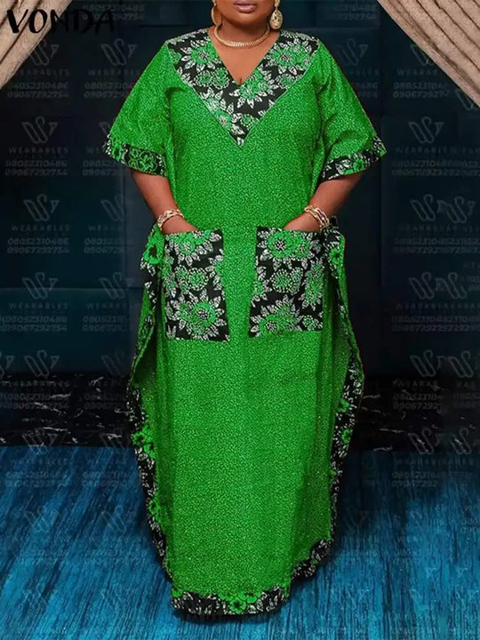 VONDA Fashion Long Dress Women Summer Sundress Bohemian V-Neck Short Sleeve Printed Maxi Dress 2025 Casual Pockets Oversize Robe