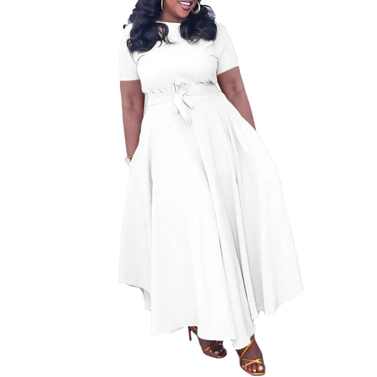 Elegant Women Dresses for Summer New Short Sleeve O Neck Sashes Pleated Ankle Length Luxury African Party Birthday Dress