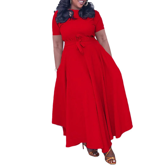 Elegant Women Dresses for Summer New Short Sleeve O Neck Sashes Pleated Ankle Length Luxury African Party Birthday Dress