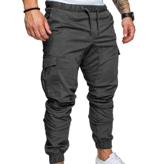 Men Skinny Cargo Pants Solid Color Pockets Drawstring Ankle Tied