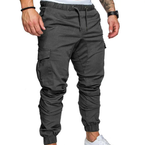 Men Skinny Cargo Pants Solid Color Pockets Drawstring Ankle Tied