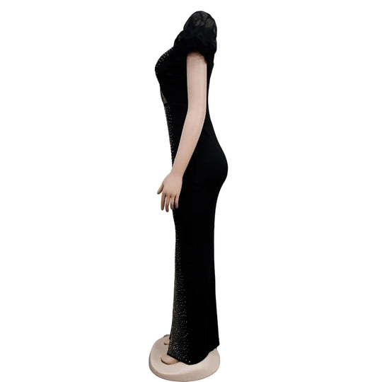 Summer Fashion Bubble Sleeve Diamond Evening Dress African Fashion Women High Street V-neck Slim Split Wedding Party Dress Women