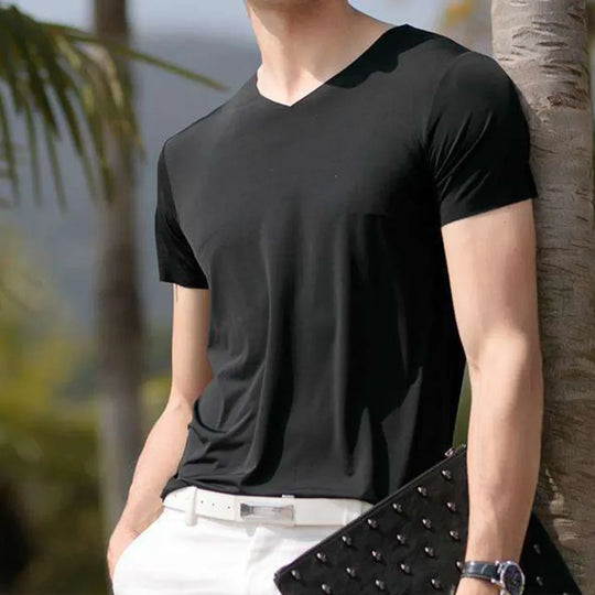 Summer Short Sleeve Men's Ice Silk Trackless T-shirts V-neck Slim Fit