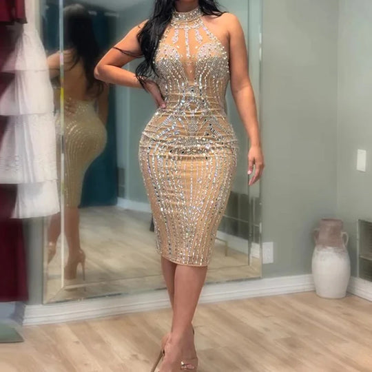 Backless Dress Sexy Wrap Buttocks Vestidos Women Party Dresses Sheath Slim Fit Spliced Summer Diamonds Knee Length