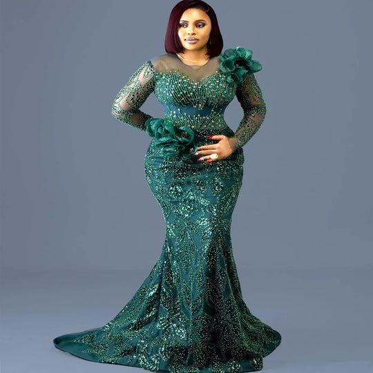 Curvy Size Dark Green Glitter Mermaid Prom Dress Lace