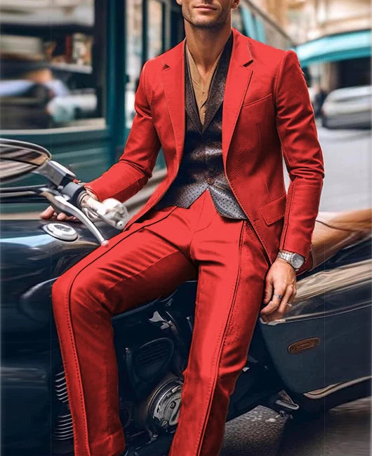 Casual Men's Blazer and Pants 2 Piece Set Lapel Long Sleeve PU Leather Jacket Men Business Casual Prom Suit Motorcycle Style