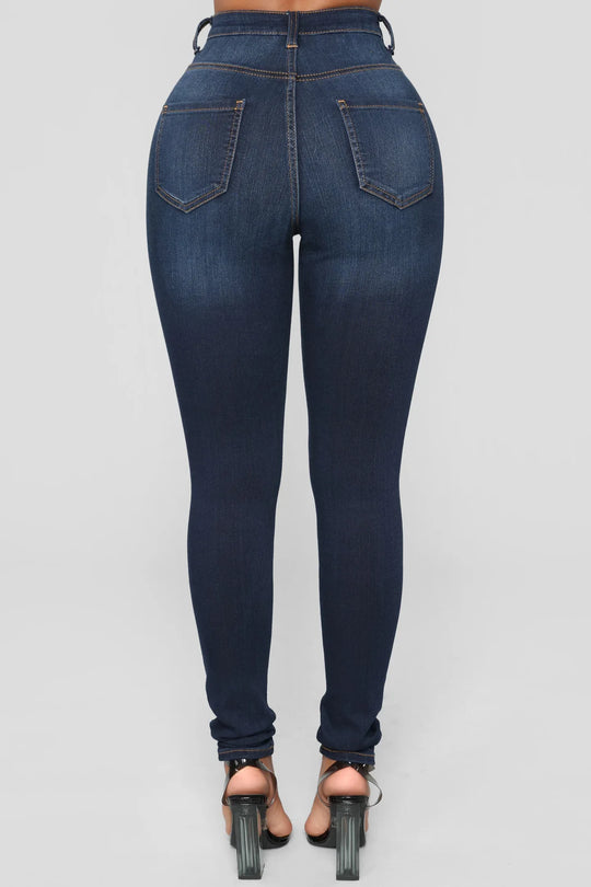 Women High Waist Stretch Hip Lift Denim Skinny Pants Jeans Full Length Sexy Slim Bleachded Solid Color Pants