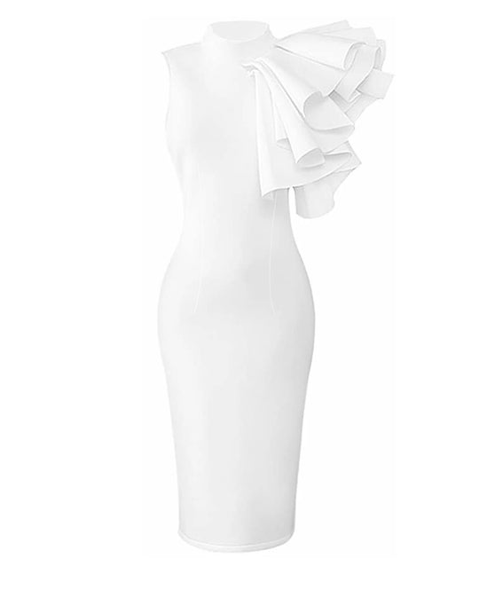 Solid Layered Ruffle Sleeve Trim Dresses Elegant Mock Neck Bodycon Sleeveless Wedding Guest Dress