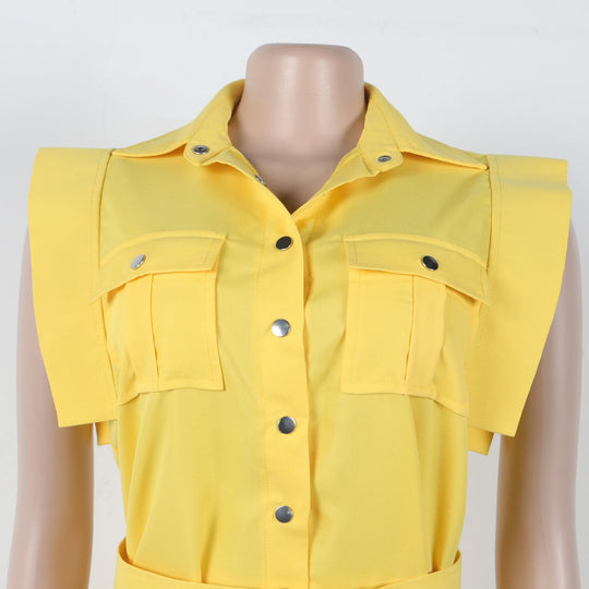 Women's Casual Solid Color Sleeveless Button Front Shirt Blouse and High Waist Big Swing Skirt 2pcs Set