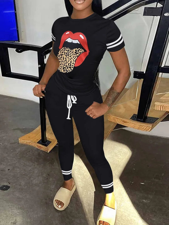 LW Leopard Lip Print Striped Drawstring Two Pieces Pants Set Matching Outfits Short Sleeve Loose Crew Neck Top & Skinny Leggings