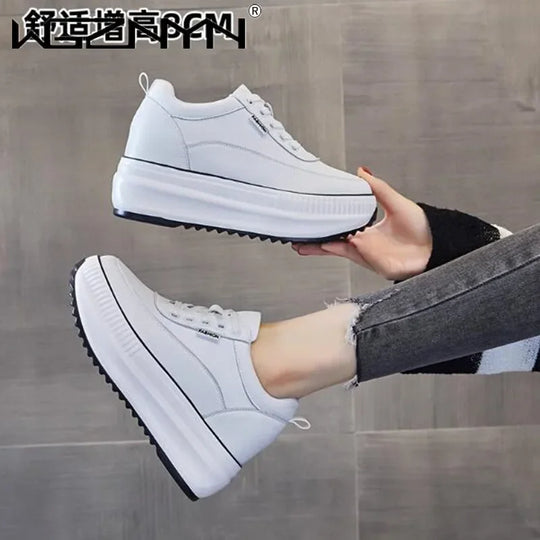 2024 Designer Platform Wedge Female Women 8CM Heels Sneakers Chunky Spring Autumn Shoes Women Genuine Leather Casual Black Shoes