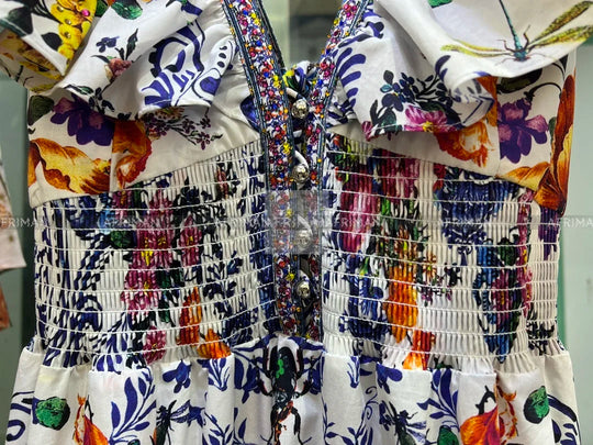 Women V Neck Crystal Beaded Flying Sleeve Retro Flower Print Elastic.