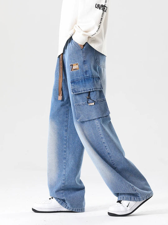 2024 Autumn New Men's Cargo Jeans Big Size 8XL 7XL 6XL String Banding