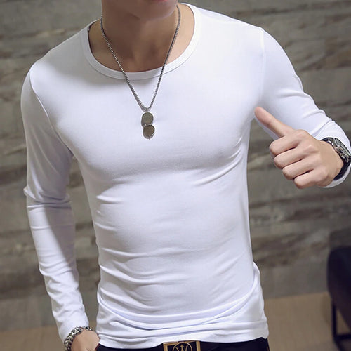 White Solid Color Basic Slim Men T-shirt Spring Autumn Bottoming Shirt