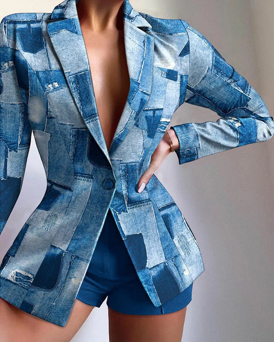 Women's Fashion Print Design Suit Jacket & Shorts Set Temperament Commuting Summer New 2024 Women Casual Blazer Outfits